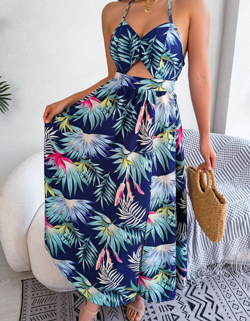 Load image into Gallery viewer, Botanical Print Tied Backless Cutout Slit Dress
