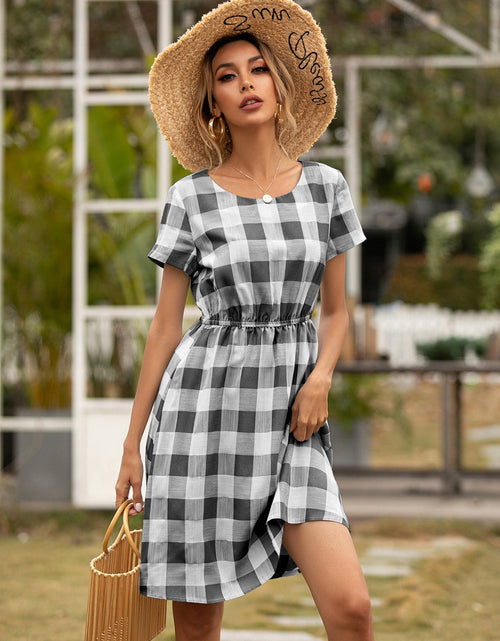 Load image into Gallery viewer, Ivy Lane Smocked Plaid Round Neck Short Sleeve Dress
