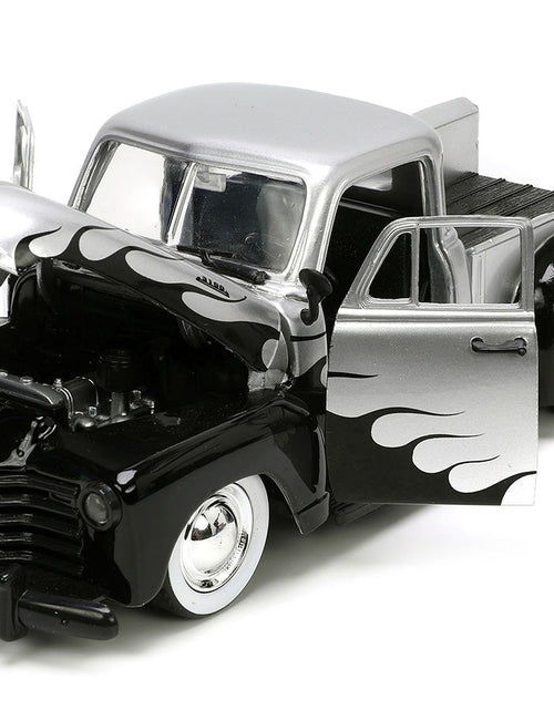 Load image into Gallery viewer, 1953 Chevrolet 3100 Pickup Truck Silver Metallic with Black Flames with Extra Wheels "Just Trucks" Series 1/24 Diecast Model Car by Jada
