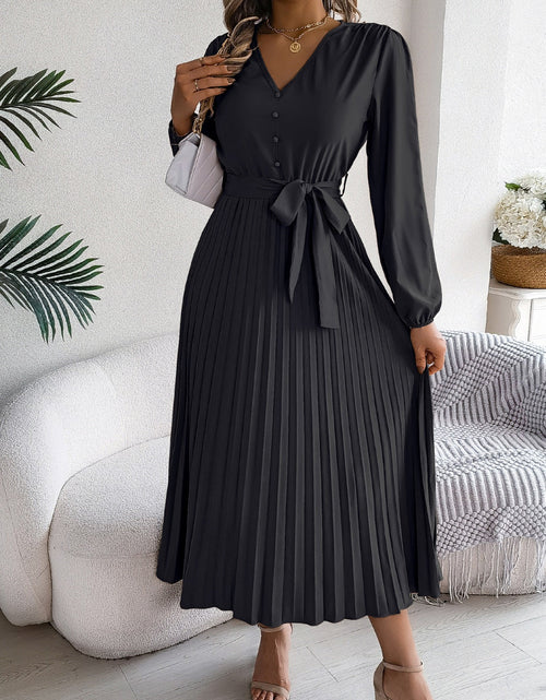 Load image into Gallery viewer, Pleated Tied V-Neck Long Sleeve Dress
