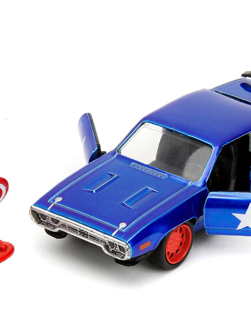 Load image into Gallery viewer, 1972 Plymouth GTX Candy Blue with Red and White Stripes and Captain America Diecast Figure "The Avengers" "Hollywood Rides" Series 1/32 Diecast Model Car by Jada
