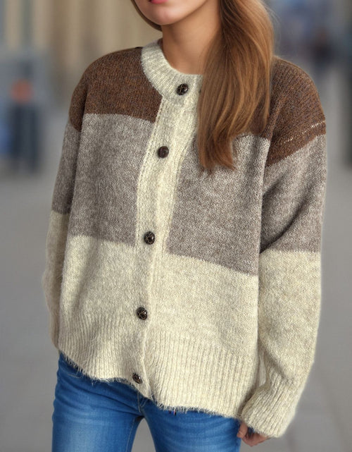 Load image into Gallery viewer, Color Block Round Neck Button Up Cardigan
