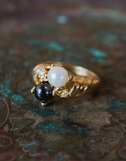 Load image into Gallery viewer, Vintage Ring Black and White Pearl with Crystal Ring 18k Gold Antique Womans Jewlery Handmade Size Rings R3326 by PVD Vintage Jewelry
