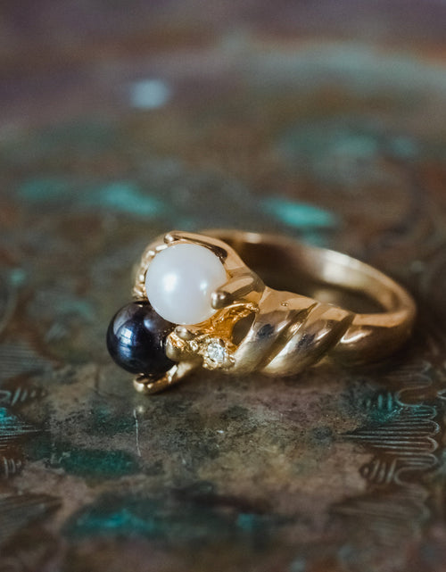 Load image into Gallery viewer, Vintage Ring Black and White Pearl with Crystal Ring 18k Gold Antique Womans Jewlery Handmade Size Rings R3326 by PVD Vintage Jewelry
