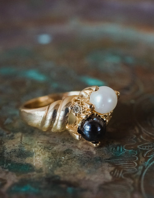 Load image into Gallery viewer, Vintage Ring Black and White Pearl with Crystal Ring 18k Gold Antique Womans Jewlery Handmade Size Rings R3326 by PVD Vintage Jewelry
