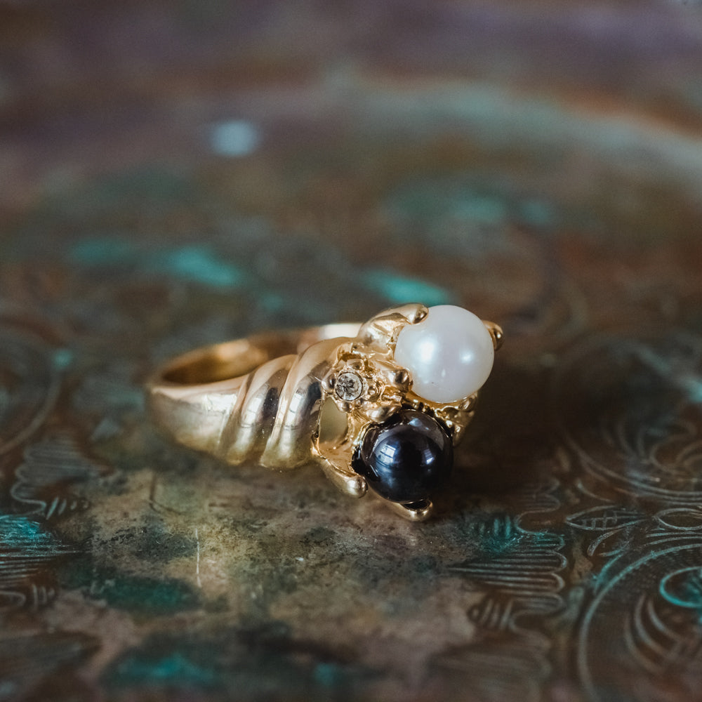 Vintage Ring Black and White Pearl with Crystal Ring 18k Gold Antique Womans Jewlery Handmade Size Rings R3326 by PVD Vintage Jewelry