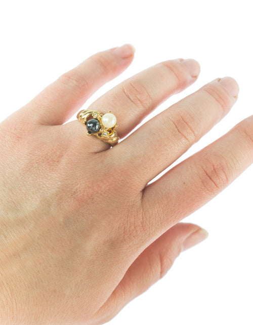 Load image into Gallery viewer, Vintage Ring Black and White Pearl with Crystal Ring 18k Gold Antique Womans Jewlery Handmade Size Rings R3326 by PVD Vintage Jewelry
