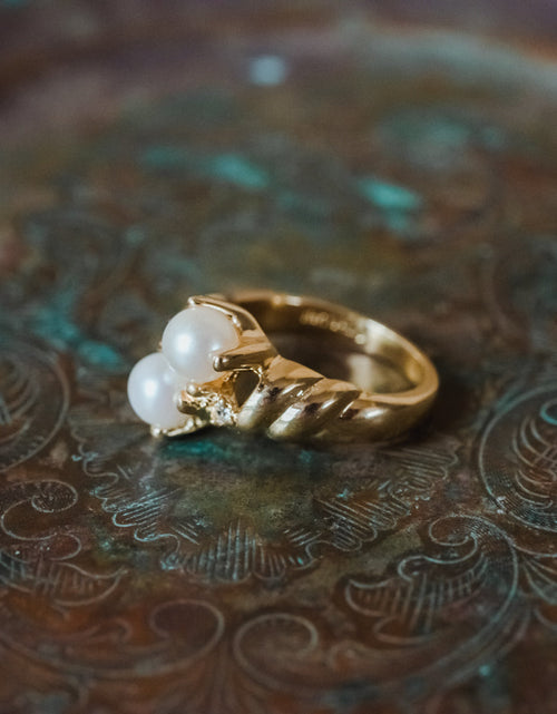 Load image into Gallery viewer, Vintage Ring Black and White Pearl with Crystal Ring 18k Gold Antique Womans Jewlery Handmade Size Rings R3326 by PVD Vintage Jewelry
