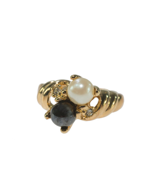 Load image into Gallery viewer, Vintage Ring Black and White Pearl with Crystal Ring 18k Gold Antique Womans Jewlery Handmade Size Rings R3326 by PVD Vintage Jewelry
