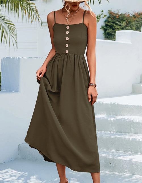 Load image into Gallery viewer, Decorative Button Spaghetti Strap Midi Dress

