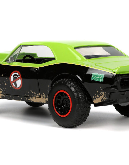 Load image into Gallery viewer, 1967 Chevrolet Camaro Offroad Bright Green and Matt Black (Dirty Version) and Raphael Diecast Figure "Teenage Mutant Ninja Turtles" "Hollywood Rides" Series 1/24 Diecast Model Car by Jada
