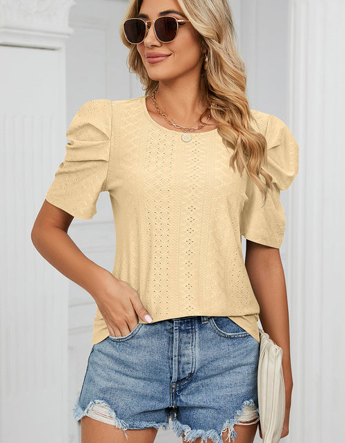 Load image into Gallery viewer, Eyelet Round Neck Puff Sleeve T-Shirt
