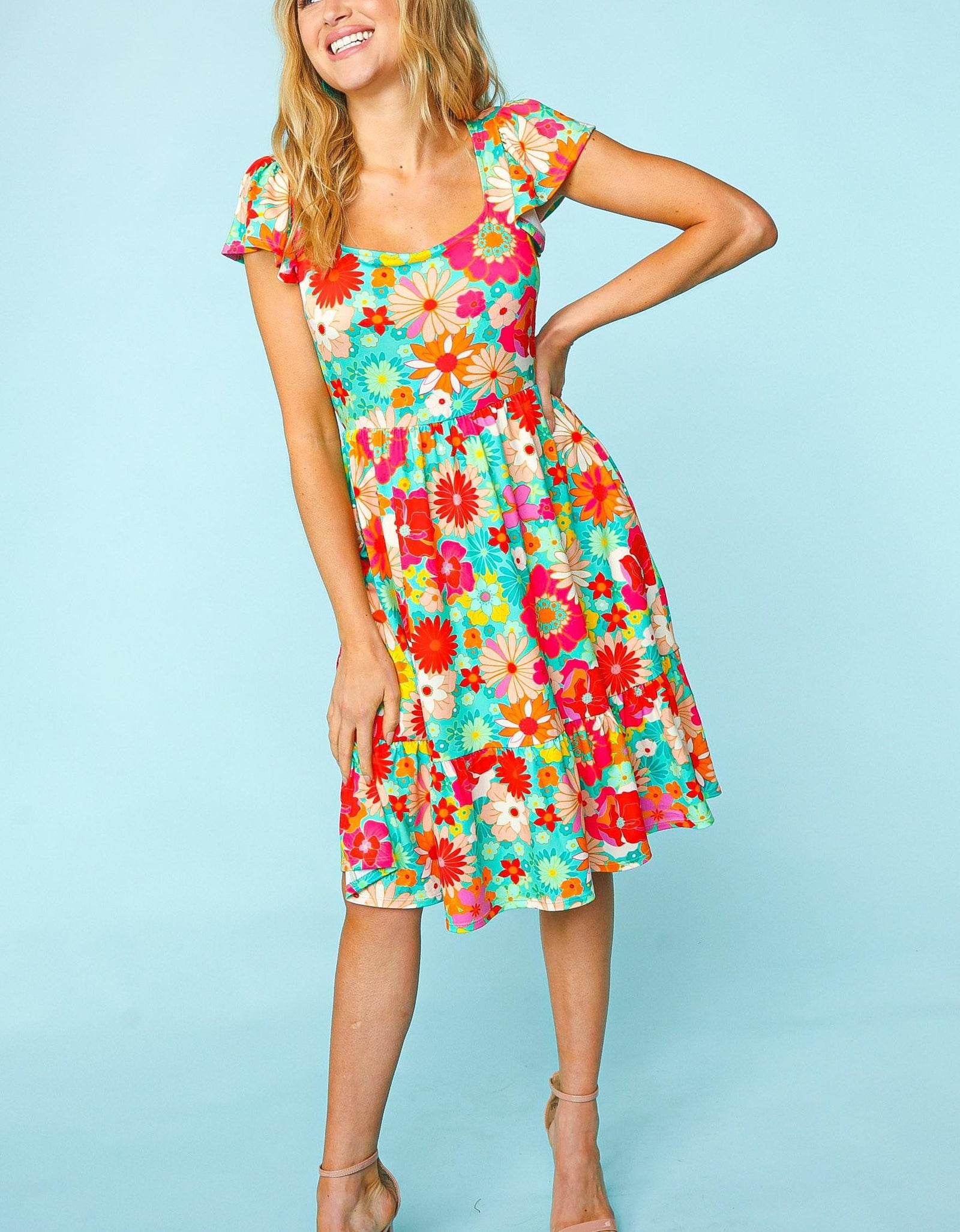 Haptics Floral Square Neck Short Sleeve Dress