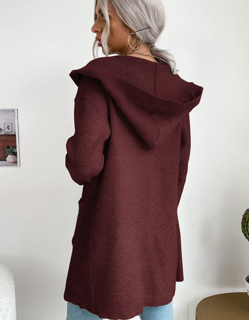 Load image into Gallery viewer, Perfee Ribbed Open Front Hooded Cardigan with Pockets
