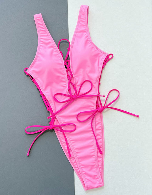 Load image into Gallery viewer, Lace-Up Deep V Sleeveless One-Piece Swimsuit

