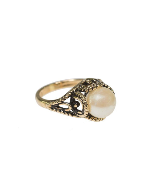 Load image into Gallery viewer, Vintage 1970's Pearl Bead Ring Antiqued 18k Gold Electroplated Made in USA by PVD Vintage Jewelry
