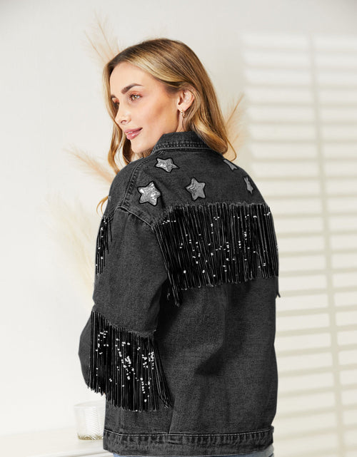 Load image into Gallery viewer, Fringe Detail Long Sleeve Denim Jacket
