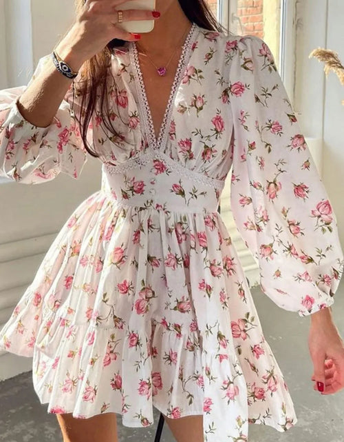 Load image into Gallery viewer, Lace Detail V-Neck Balloon Sleeve Dress
