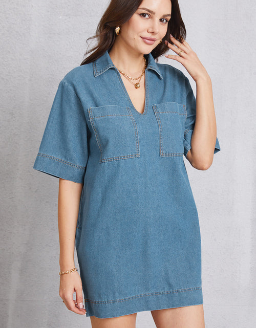 Load image into Gallery viewer, Pocketed Collared Neck Mini Denim Dress
