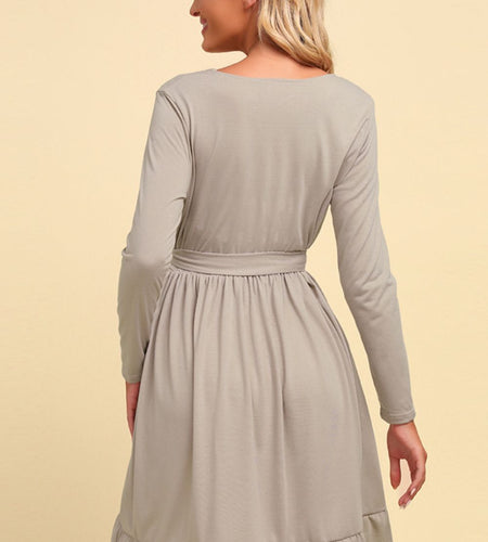 Long Sleeve Tie Waist Ruffle Hem Dress
