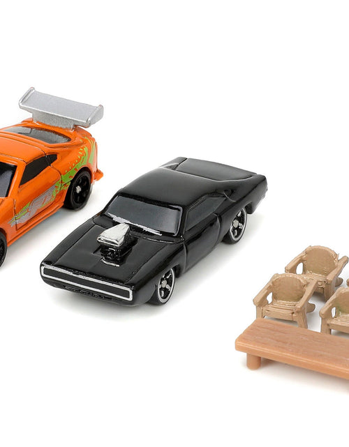Load image into Gallery viewer, Toretto House Diorama with Dodge Charger Black and Toyota Supra Orange with Graphics "Fast and Furious" "Nano Scene" Series Models by Jada
