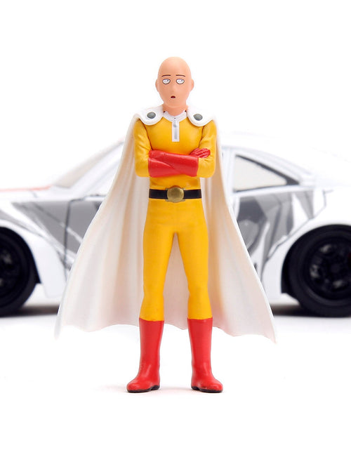 Load image into Gallery viewer, 1974 Mazda RX-3 White with Red Stripe and Graphics and Saitama Diecast Figure "One Punch Man" (2015-2019) TV Series 1/24 Diecast Model Car by Jada

