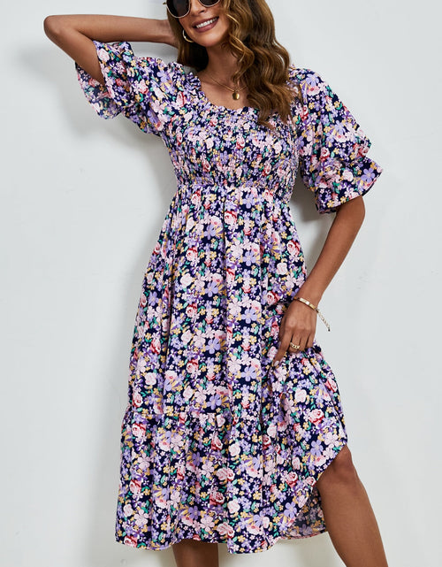 Load image into Gallery viewer, Smocked Floral Square Neck Short Sleeve Dress

