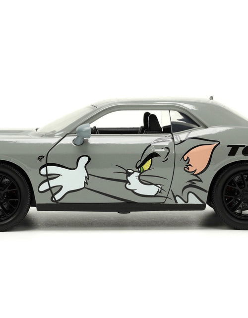 Load image into Gallery viewer, 2015 Dodge Challenger Hellcat Gray with "Tom" Graphics and Jerry Diecast Figure "Tom and Jerry" "Hollywood Rides" Series 1/24 Diecast Model Car by Jada
