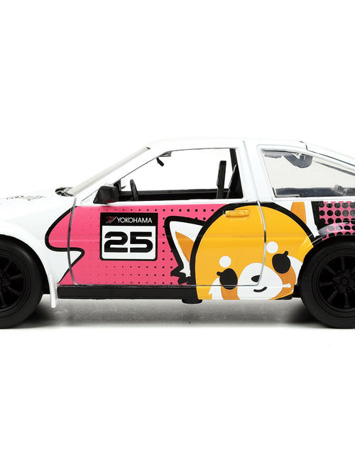 Load image into Gallery viewer, 1986 Toyota Trueno (AE86) RHD (Right Hand Drive) #25 White with Graphics and Aggretsuko Diecast Figure "Aggretsuko" "Anime Hollywood Rides" Series 1/24 Diecast Model Car by Jada
