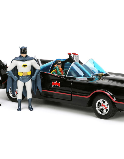 Load image into Gallery viewer, 1966 Classic Batmobile with Diecast Batman The Joker The Penguin and Plastic Robin Sitting Inside The Car "Batman" TV Series (1966) "Hollywood Rides" Series 1/24 Diecast Model Car by Jada
