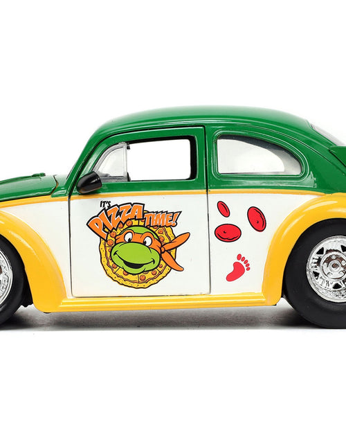 Load image into Gallery viewer, 1959 Volkswagen Drag Beetle Green and Yellow and Michelangelo Diecast Figure "Teenage Mutant Ninja Turtles" "Hollywood Rides" Series 1/24 Diecast Model Car by Jada
