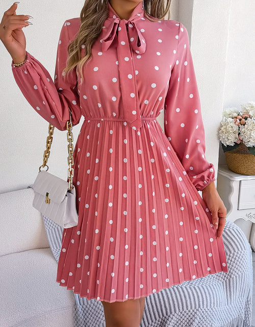 Load image into Gallery viewer, Polka Dot Tie Neck Pleated Dress

