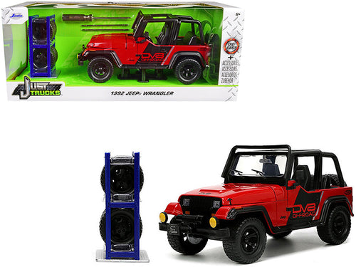 Load image into Gallery viewer, 1992 Jeep Wrangler DV8 Off-Road Red with Matt Black Stripes with Extra Wheels "Just Trucks" Series 1/24 Diecast Model Car by Jada
