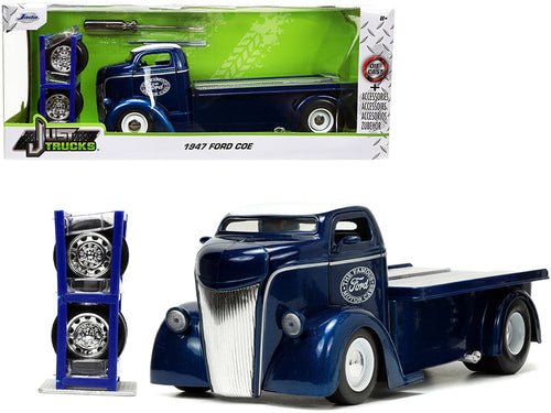 Load image into Gallery viewer, 1947 Ford COE Flatbed Truck Dark Blue Metallic with White Top "The Famous Motor Cars" with Extra Wheels "Just Trucks" Series 1/24 Diecast Model by Jada
