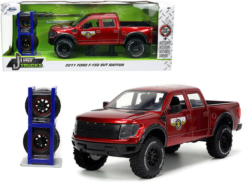 Load image into Gallery viewer, 2011 Ford F-150 SVT Raptor Pickup Truck Candy Red Metallic "Mickey Thompson Tires &amp; Wheels" with Extra Wheels "Just Trucks" Series 1/24 Diecast Model Car by Jada
