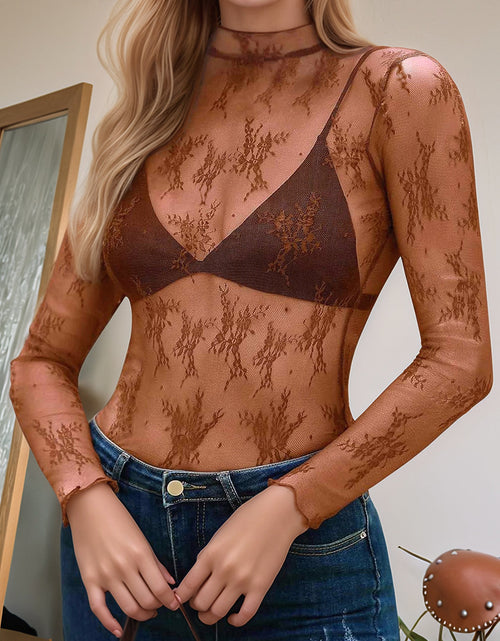 Load image into Gallery viewer, Floral Mock Neck Long Sleeve Mesh Top
