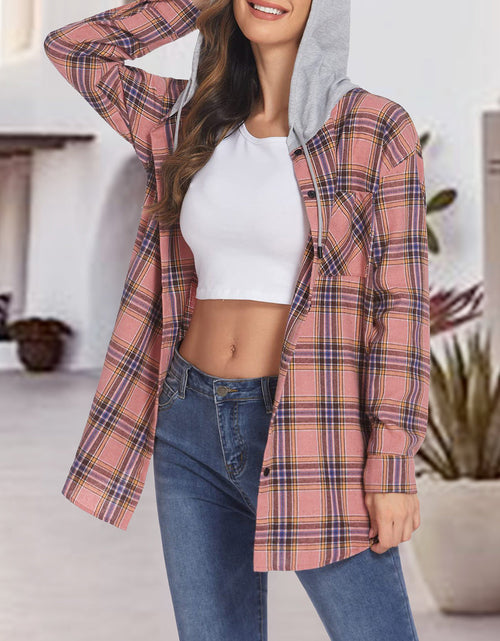 Load image into Gallery viewer, Plaid Drawstring Button Up Hooded Jacket
