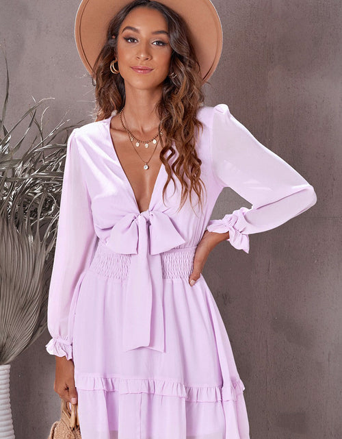 Load image into Gallery viewer, Tied Plunge Smocked Waist Flounce Sleeve Dress
