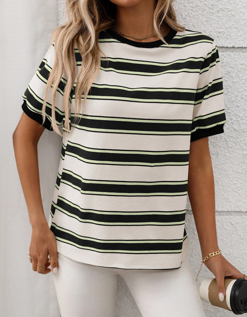 Load image into Gallery viewer, Contrast Striped Round Neck Short Sleeve T-Shirt

