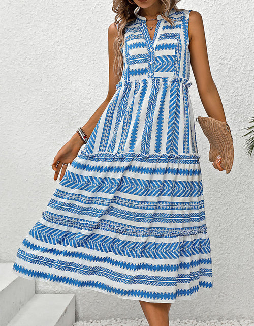 Load image into Gallery viewer, Perfee Frill Printed Notched Sleeveless Dress
