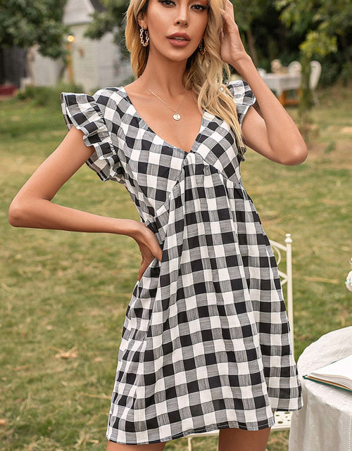 Load image into Gallery viewer, Ivy Lane Plaid Butterfly Sleeve Deep V Dress

