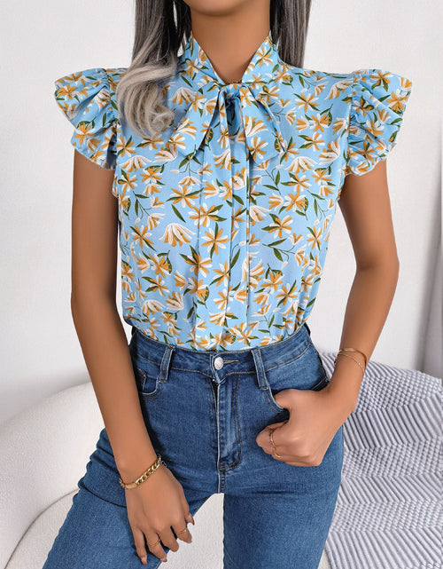 Load image into Gallery viewer, Floral Tie Neck Flutter Sleeve Blouse
