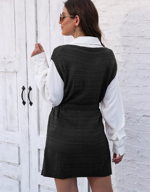 Load image into Gallery viewer, Tie Front V-Neck Sleeveless Slit Sweater Dress
