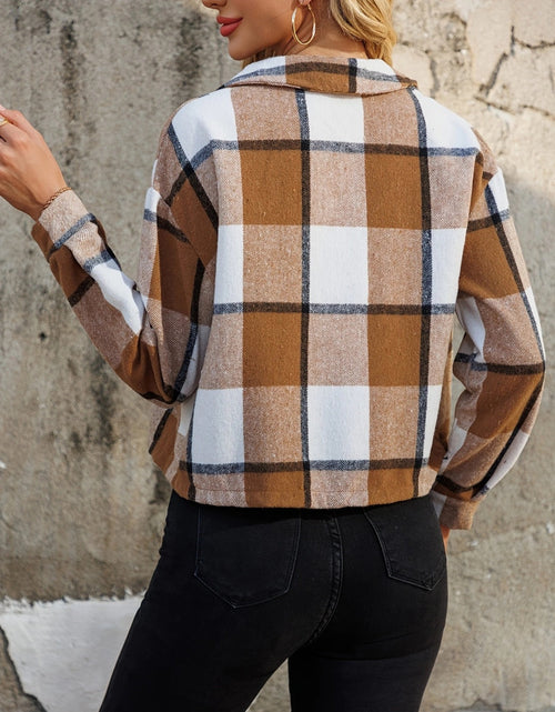 Load image into Gallery viewer, Plaid Collared Neck Cropped Jacket
