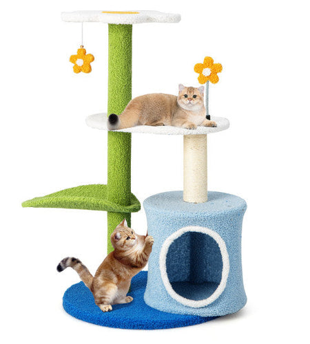 34.5 Inch 4-Tier Cute Cat Tree with Jingling Balls and Condo-Blue