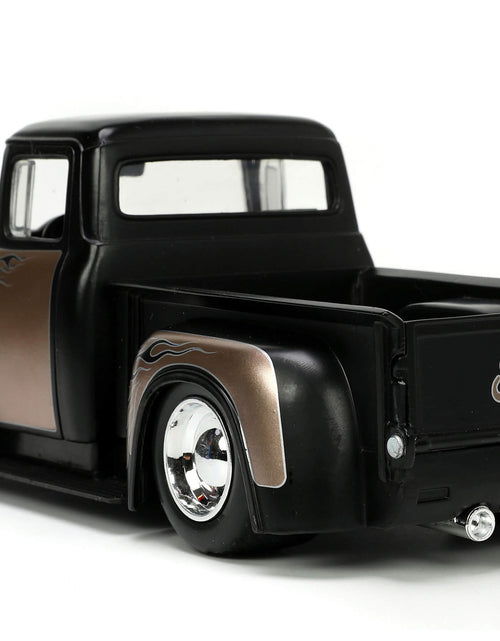 Load image into Gallery viewer, 1956 Ford F-100 Pickup Truck Matt Black and Champagne with Flames with Extra Wheels "Just Trucks" Series 1/24 Diecast Model Car by Jada
