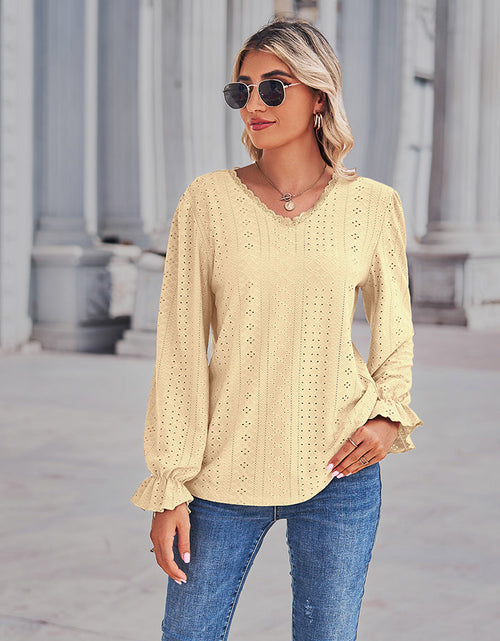 Load image into Gallery viewer, Eyelet V-Neck Flounce Sleeve Blouse
