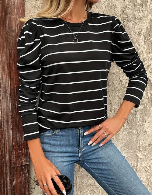 Load image into Gallery viewer, Full Size Striped Round Neck Puff Sleeve T-Shirt
