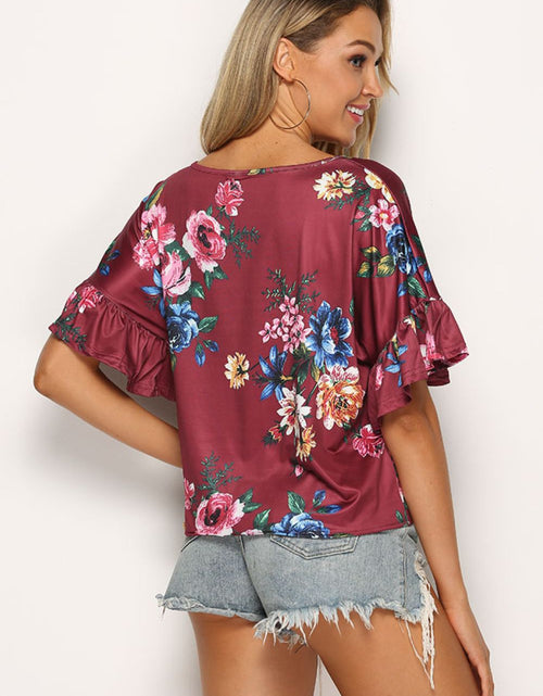 Load image into Gallery viewer, Shiny Floral Tie Hem Flounce Sleeve Top
