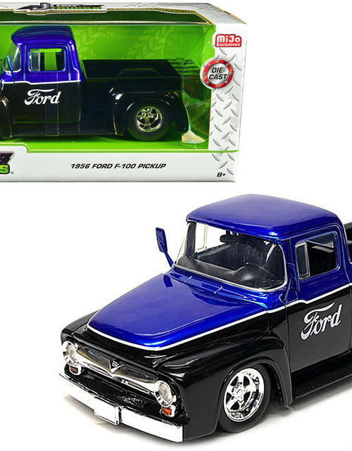 Load image into Gallery viewer, 1956 Ford F-100 Pickup Truck Black and Blue Metallic with Ford Graphics "Just Trucks" Series 1/24 Diecast Model Car by Jada
